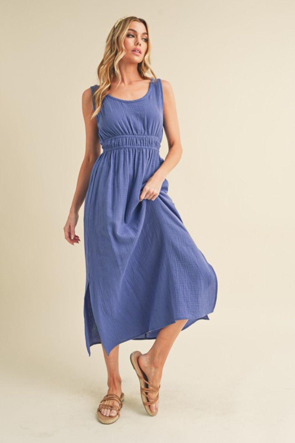Aemi + Co Side Slit Round Neck Sleeveless Tank Dress Dusty Blue S Tank Dresses