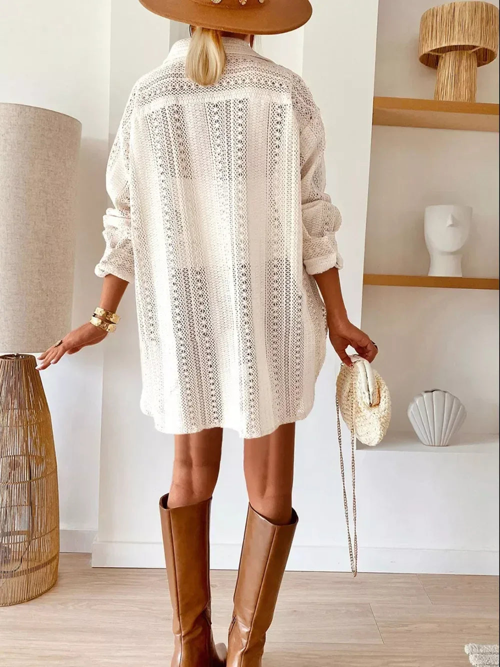 Lace Crochet Collared Neck Oversized Shirt - DAVERRI FASHIONS