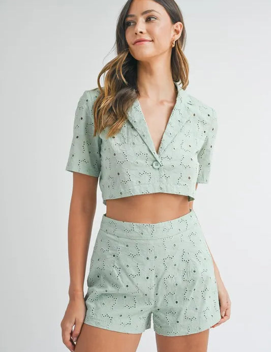 Mint MABLE Eyelet Short Sleeve Crop Top and Shorts Set | Outfit Sets Daverri Fashions