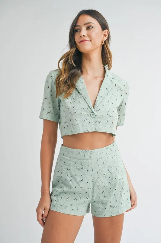 MABLE Eyelet Short Sleeve Crop Top and Shorts Set Mint Outfit Sets