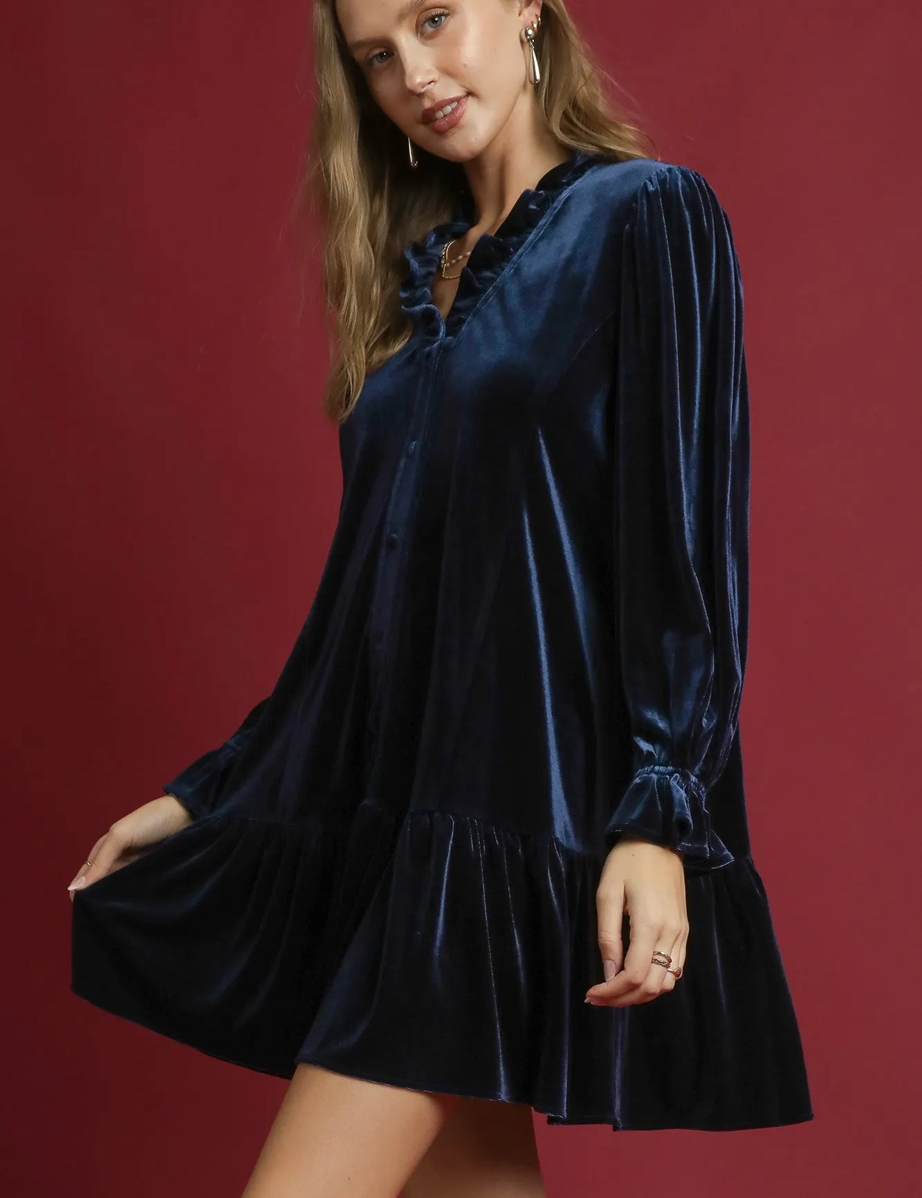 Umgee Velvet Ruffle Trim Mini Dress | Mini Dresses Daverri Fashions