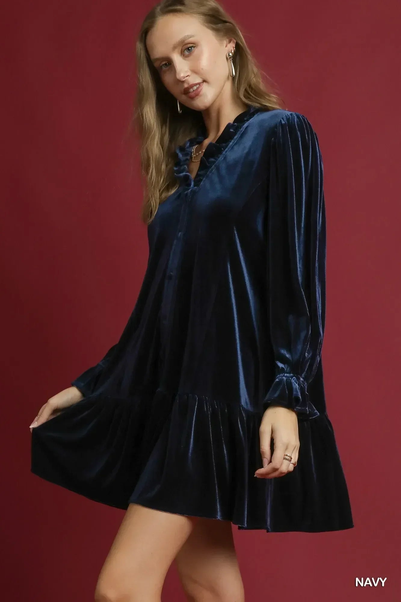 Umgee Velvet Ruffle Trim Mini Dress - DAVERRI FASHIONS