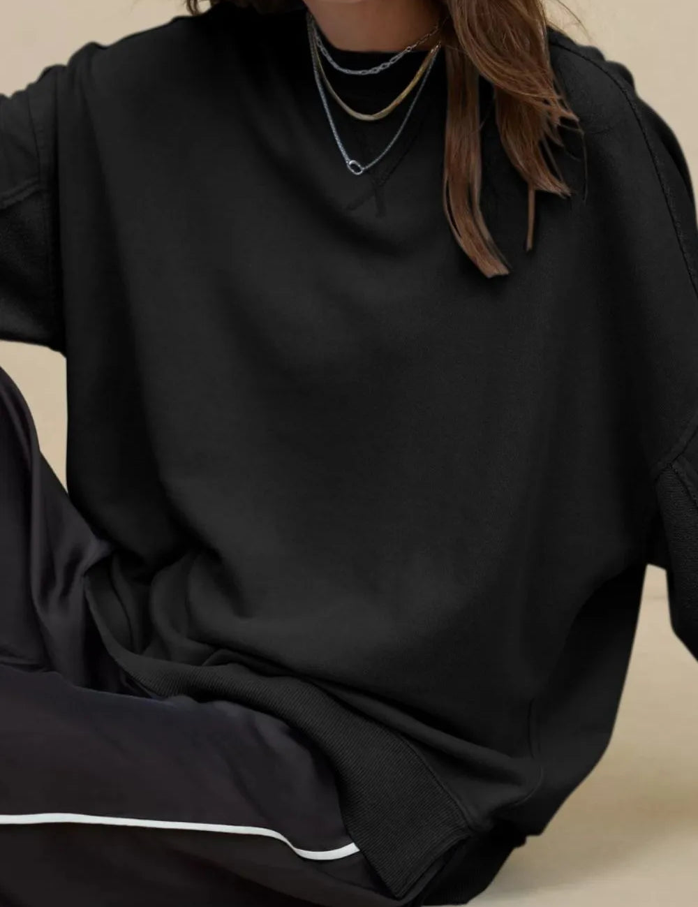 Black Side Slit Round Neck Long Sleeve Sweatshirt | Sweatshirts Daverri Fashions