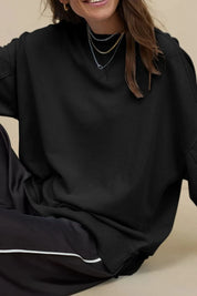 Black Side Slit Round Neck Long Sleeve Sweatshirt | Sweatshirts Daverri Fashions
