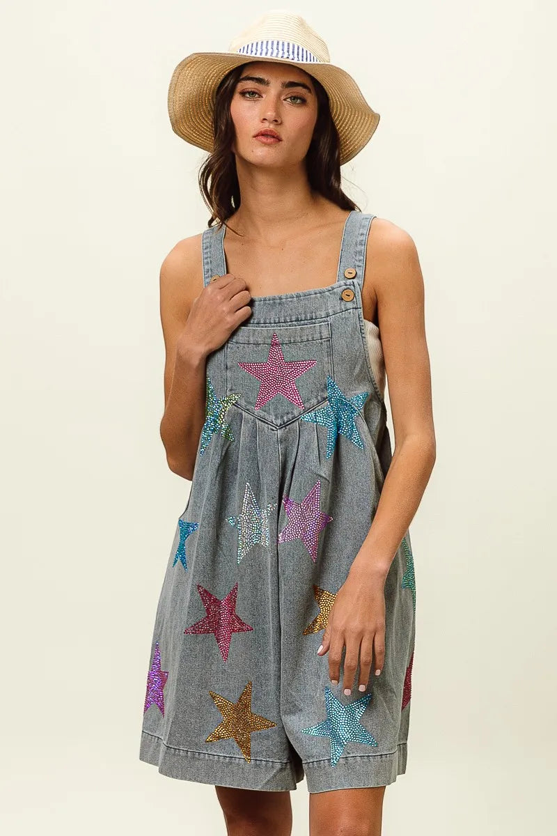 BiBi Star Rhinestone Washed Wide Leg Shortalls Shortalls