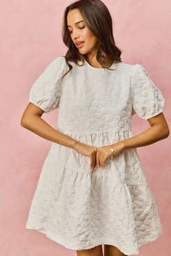 White textured lace SO ME floral jacquard diagonal tiered short mini dress with puffed sleeves