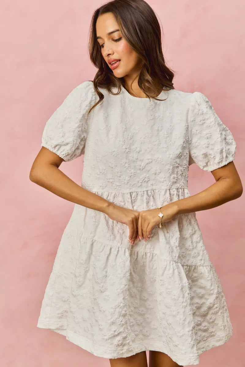 White textured lace SO ME floral jacquard diagonal tiered short mini dress with puffed sleeves