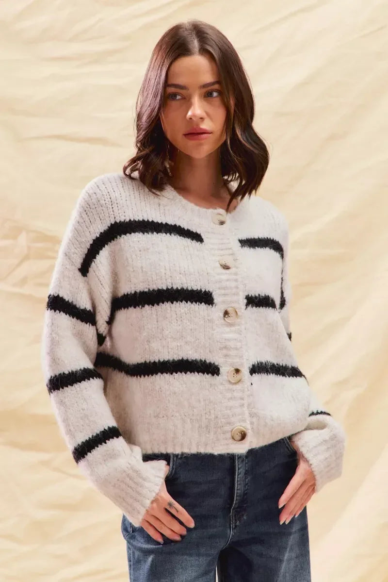 SO ME Stripe Soft Touch Button Cozy Sweater Cardigan - DAVERRI FASHIONS