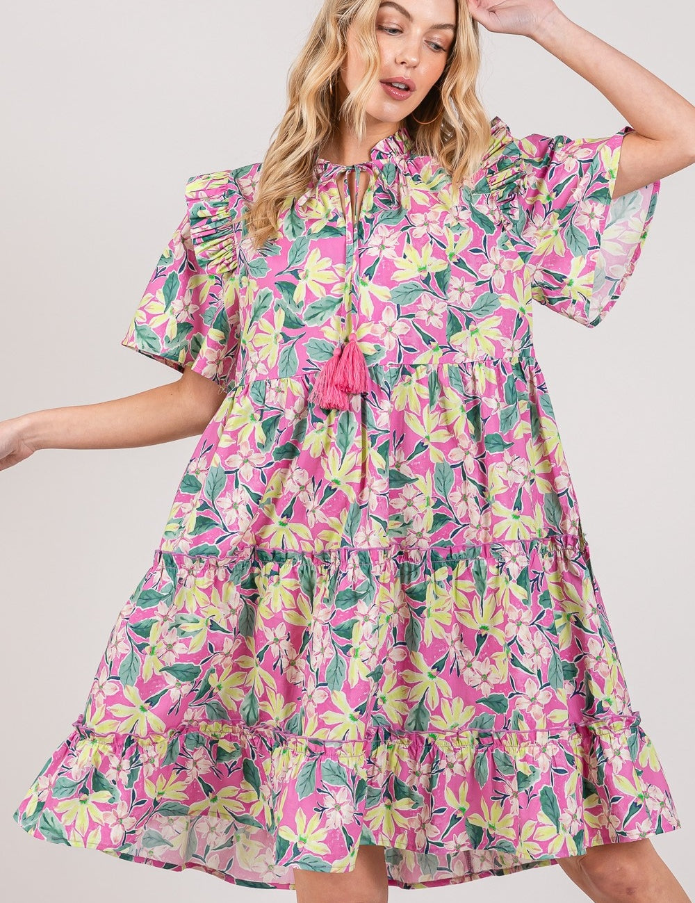 SAGE + FIG Floral Ruffle Short Sleeve Dress Pink