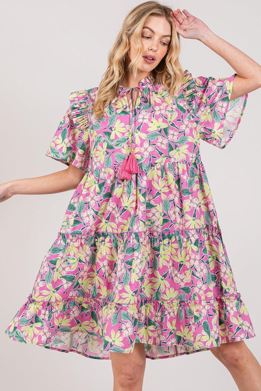 SAGE + FIG Floral Ruffle Short Sleeve Dress - DAVERRI FASHIONS