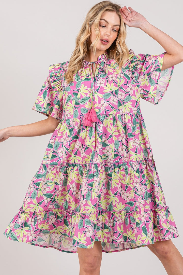 SAGE + FIG Floral Ruffle Short Sleeve Dress Pink Knee Length Dresses