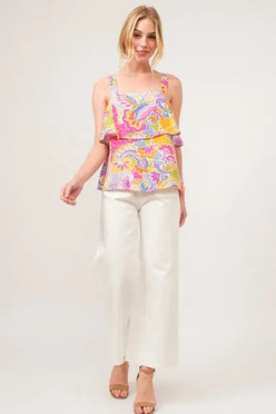 And The Why Square Neck Tiered Paisley Printed Top - DAVERRI FASHIONS