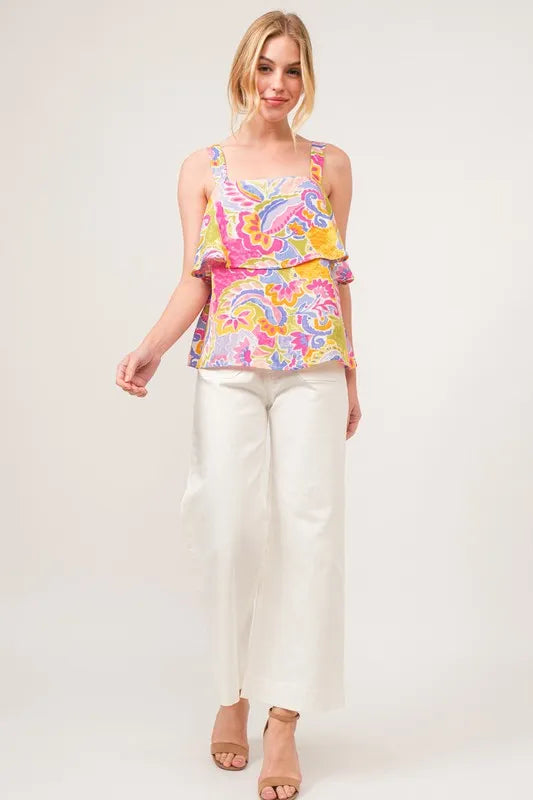 And The Why Square Neck Tiered Paisley Printed Top MULTI Tops