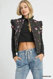 BROWN MIX Umgee Ruffled Quilted Floral Snap Down Vest | Daverri Fashions