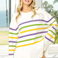 Cozy oversized BiBi Ribbed Hem Mardi Gras striped sweater in white with purple, green, yellow stripes
