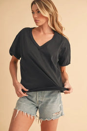 BLACK S Aemi+Co V-Neck Short Sleeve T-Shirt | Daverri Fashions