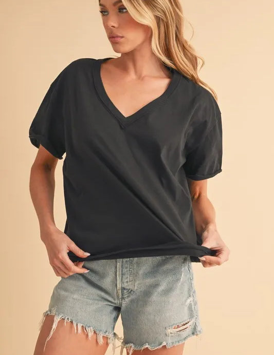 BLACK S Aemi+Co V-Neck Short Sleeve T-Shirt | Daverri Fashions