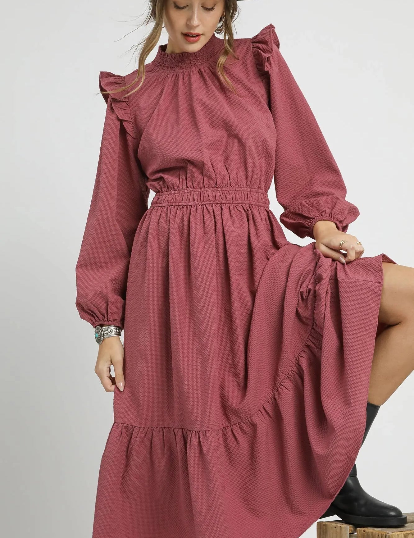 DUSTY ROSE Umgee Textured Midi Dress with Ruffle Shoulder Detail | Daverri Fashions