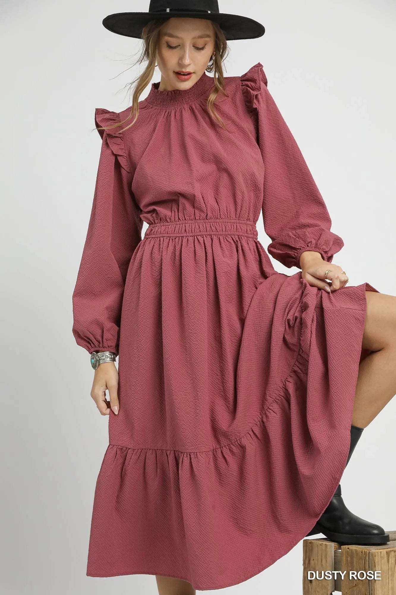 Umgee Textured Midi Dress with Ruffle Shoulder Detail DUSTY ROSE