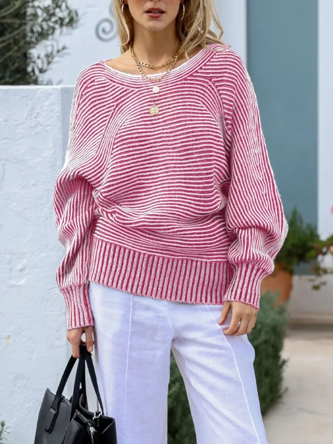 Striped Boat Neck Casual Sweater - DAVERRI FASHIONS