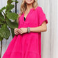 ADORA Tiered Notched Short Sleeve Dress Hot Pink S