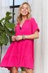 ADORA Tiered Notched Short Sleeve Dress Hot Pink S