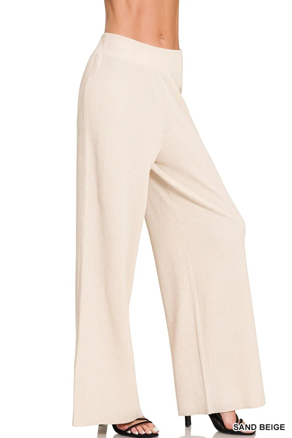 Zenana Viscose Ribbed Sweater Pants SAND BEIGE Pants