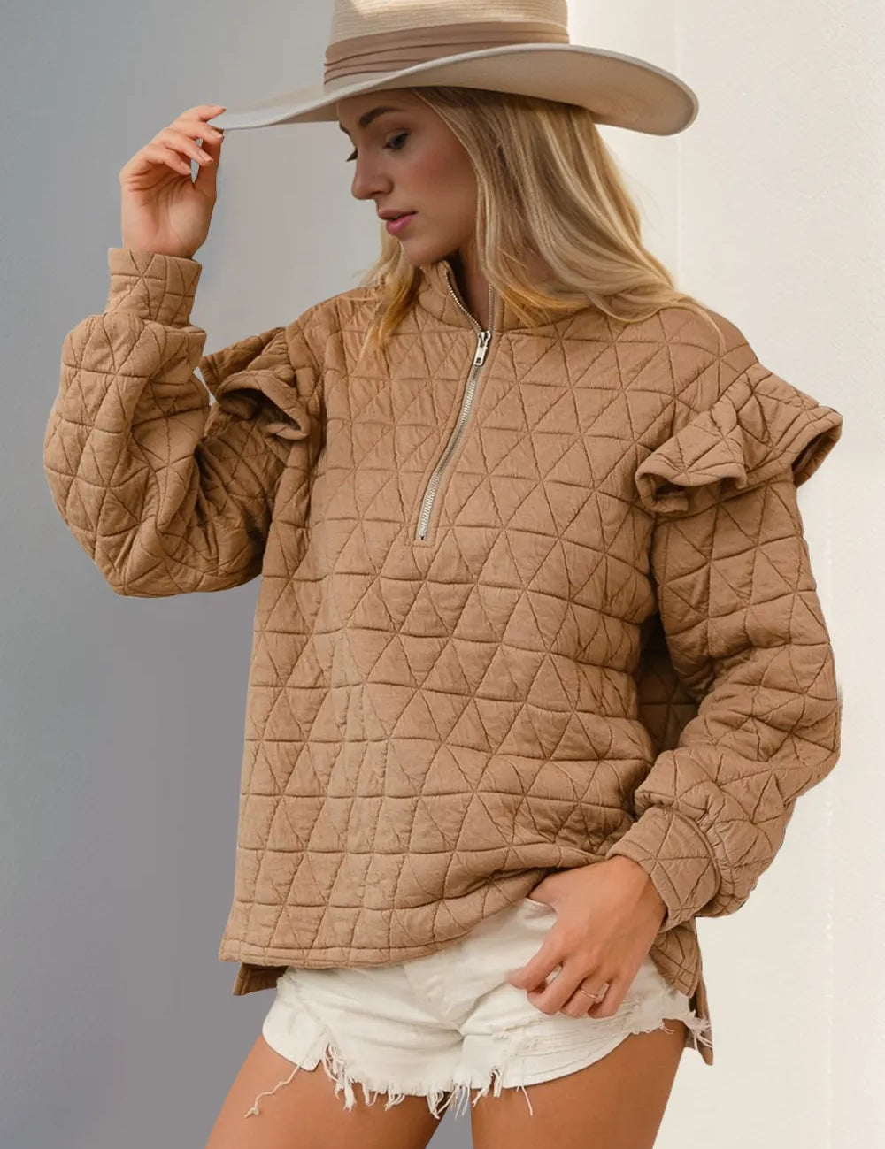 Tan Double Take Ruffled Texture Half Zip Long Sleeve Sweatshirt | Sweatshirts Daverri Fashions