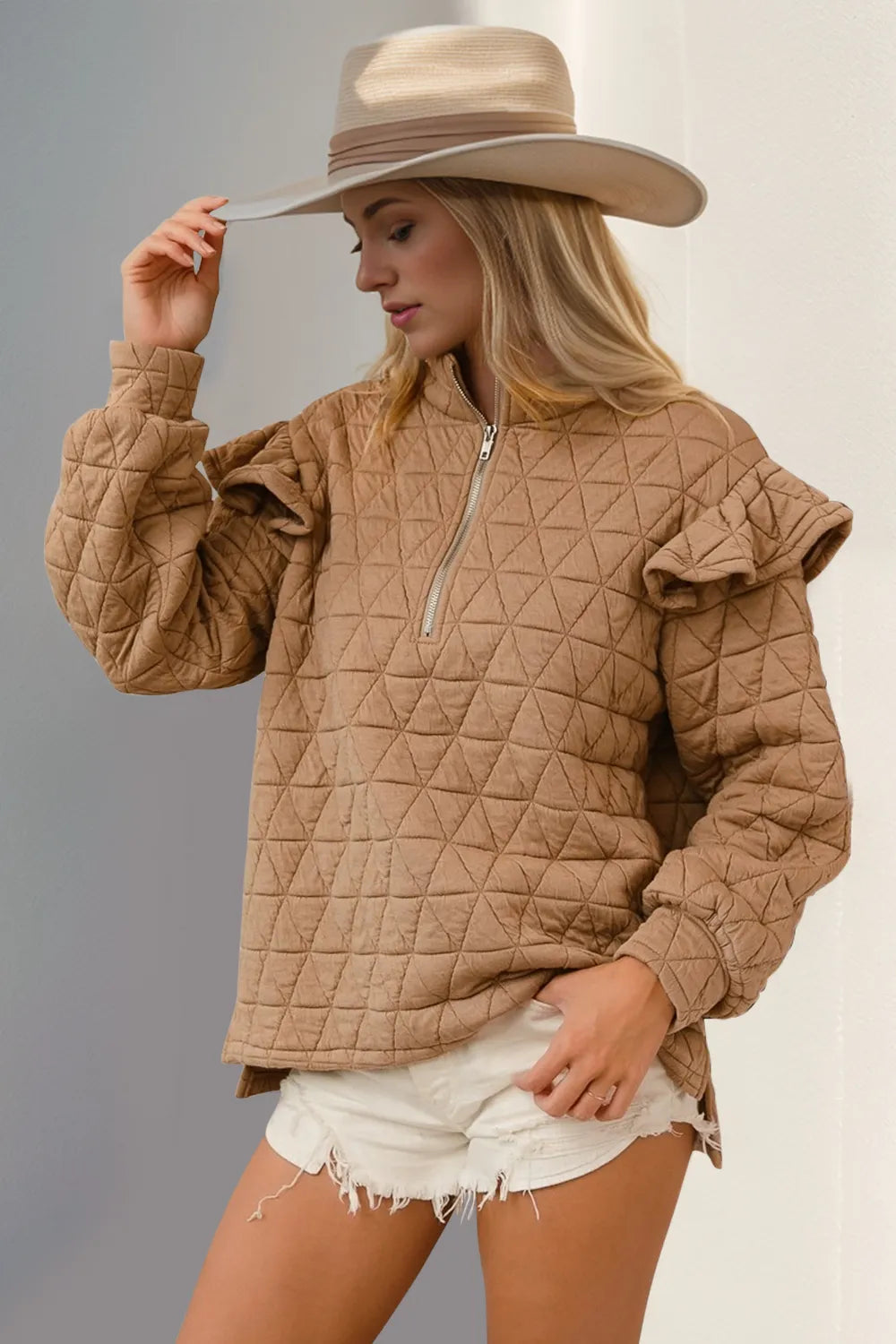 Tan Double Take Ruffled Texture Half Zip Long Sleeve Sweatshirt | Sweatshirts Daverri Fashions
