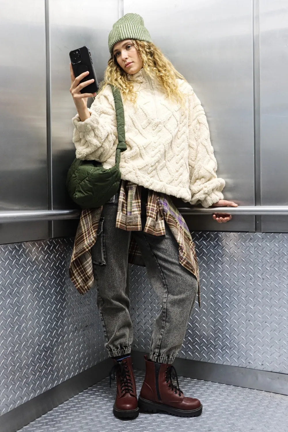 VERY J Fuzzy Fleece Half Zip Cable Pattern Sweatshirt Sweatshirts