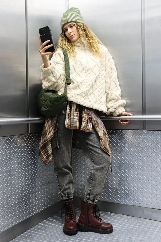 VERY J Fuzzy Fleece Half Zip Cable Pattern Sweatshirt Ecru - DAVERRI FASHIONS