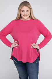 Plus Melange Baby Waffle Long Sleeve Top Plus Tops