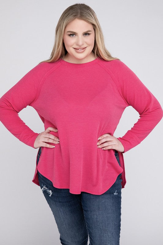 Plus Melange Baby Waffle Long Sleeve Top Plus Tops