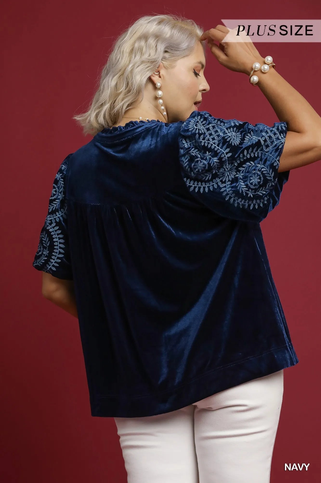 Umgee Velvet Embroidered Sleeve Blouse | Blouses Daverri Fashions