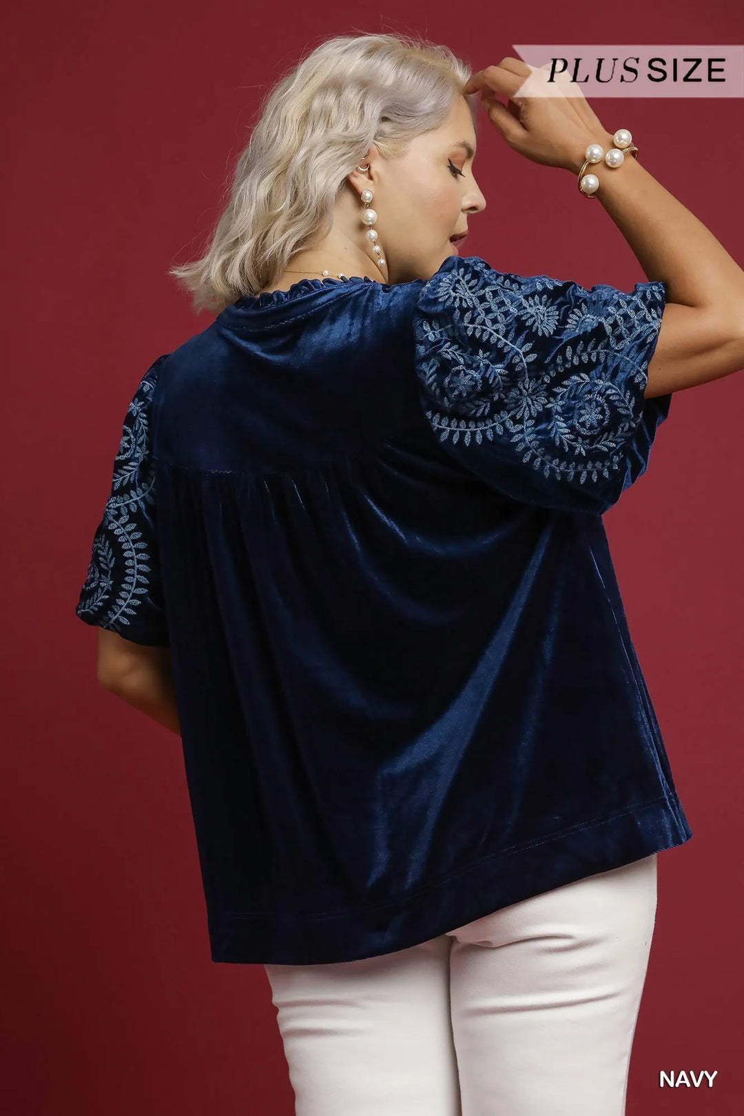 Umgee Velvet Embroidered Sleeve Blouse | Blouses Daverri Fashions