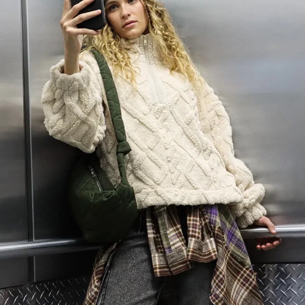 VERY J Fuzzy Fleece Half Zip Cable Pattern Sweatshirt Ecru - DAVERRI FASHIONS