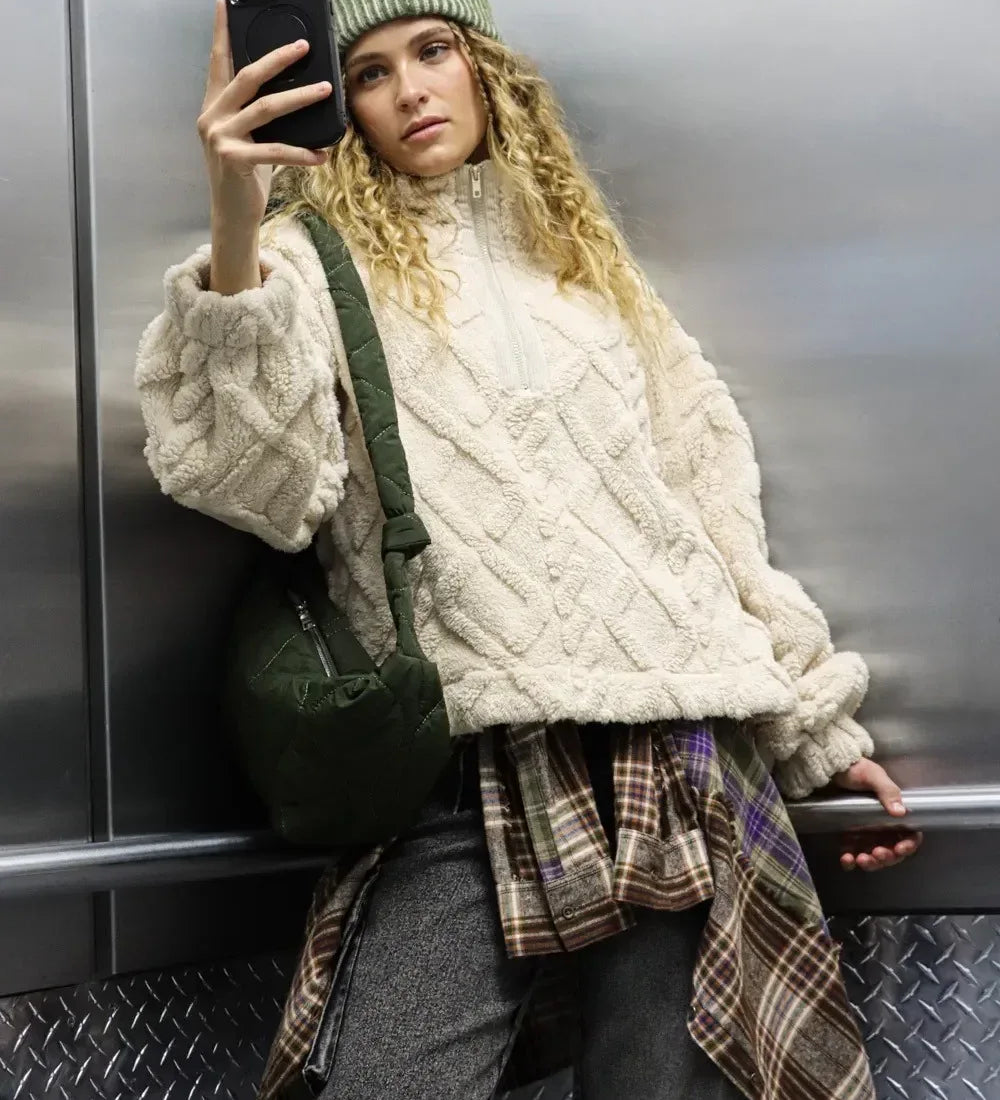 VERY J Fuzzy Fleece Half Zip Cable Pattern Sweatshirt Ecru - DAVERRI FASHIONS