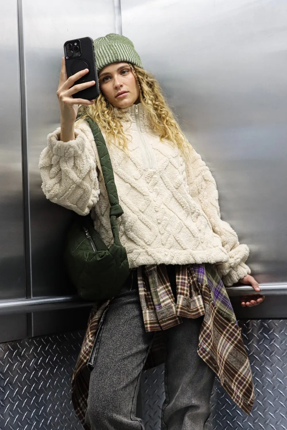 VERY J Fuzzy Fleece Half Zip Cable Pattern Sweatshirt Ecru S Sweatshirts