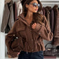 Daverri drawstring waist cropped jacket in brown faux fur-lined hooded style