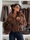 Daverri drawstring waist cropped jacket in brown faux fur-lined hooded style