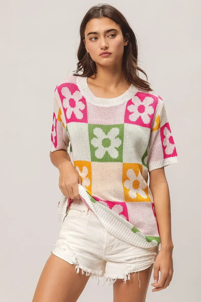 BiBi Flower Checker Pattern Lightweight Sweater Top - DAVERRI FASHIONS