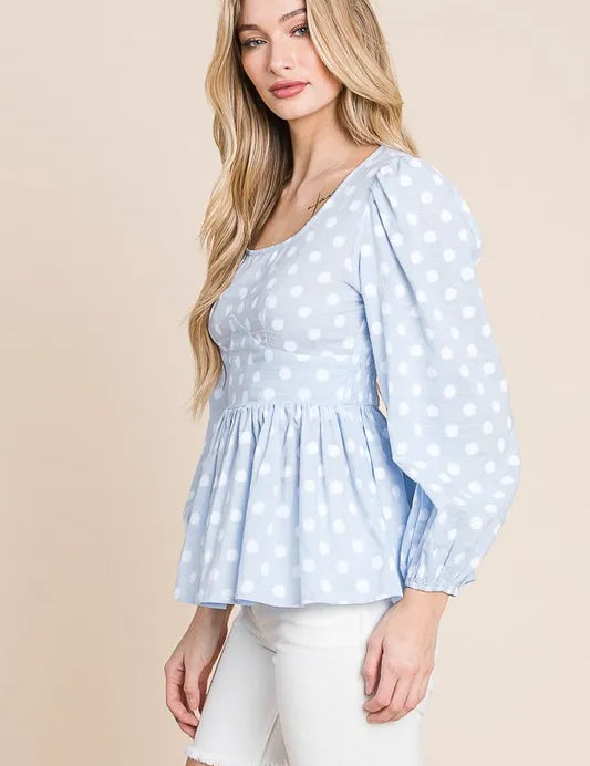 Lime 'N' Chili Polka Dot Print Balloon Sleeve Babydoll Peplum Top | Tops Daverri Fashions