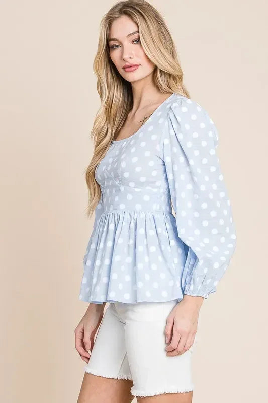 Lime 'N' Chili Polka Dot Print Balloon Sleeve Babydoll Peplum Top - DAVERRI FASHIONS