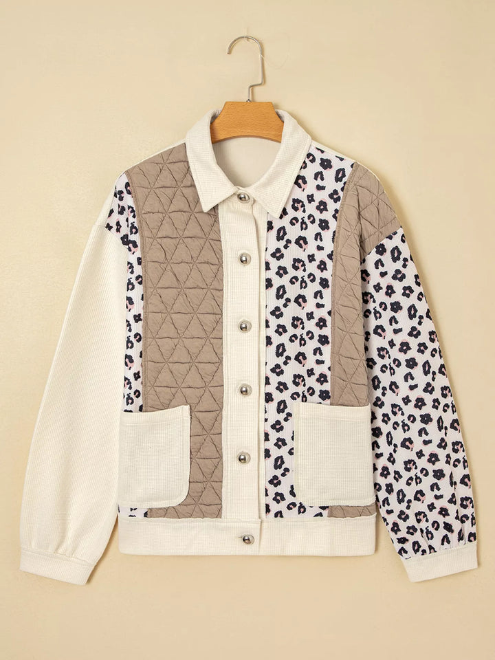 Leopard Waffle Quilted Patchwork Button Front Jacket | Jackets Daverri Fashions