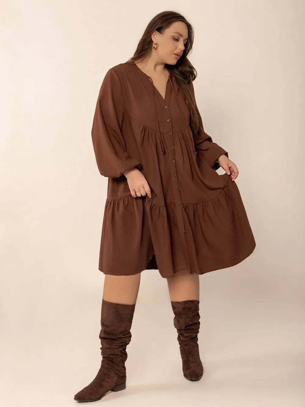 Plus Size Tie Neck Balloon Sleeve Tiered Dress | Daverri Fashions