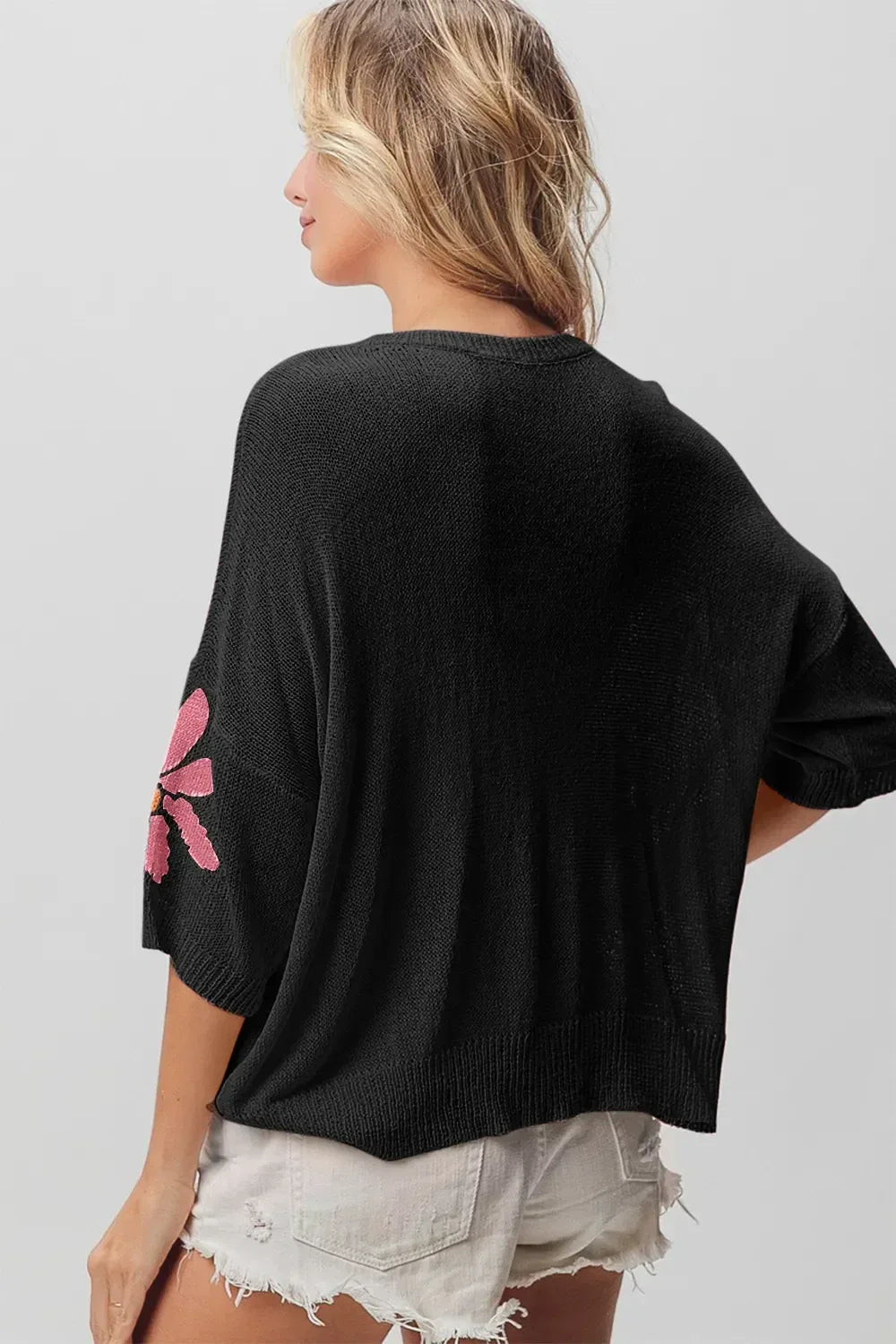 BiBi Floral Pattern Cropped Sweater Black - DAVERRI FASHIONS