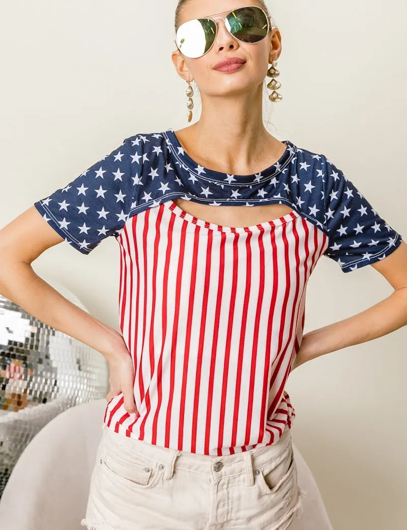 BiBi American Flag Theme Front Cut Out Top | Tops Daverri Fashions
