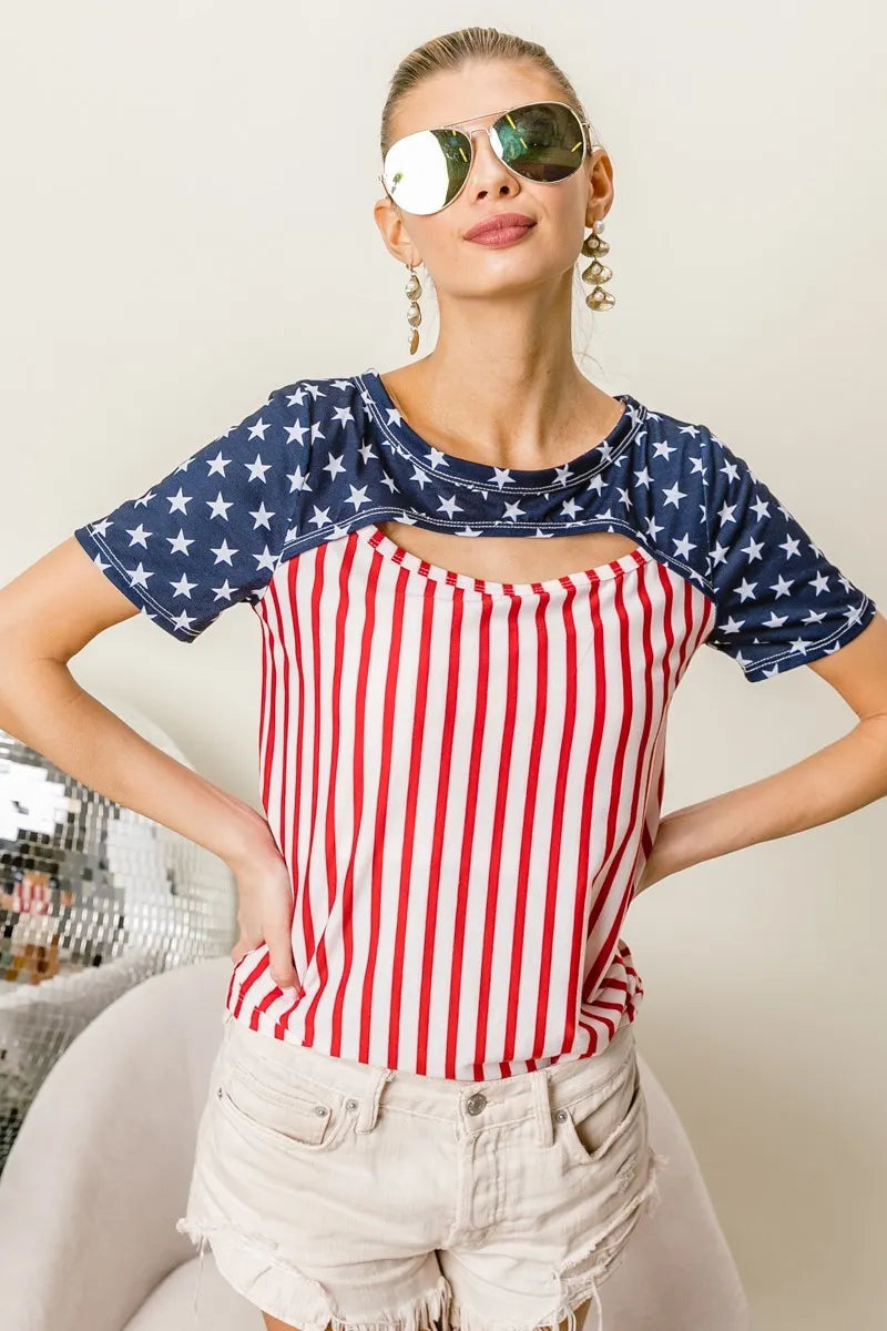 BiBi American Flag Theme Front Cut Out Top Tops