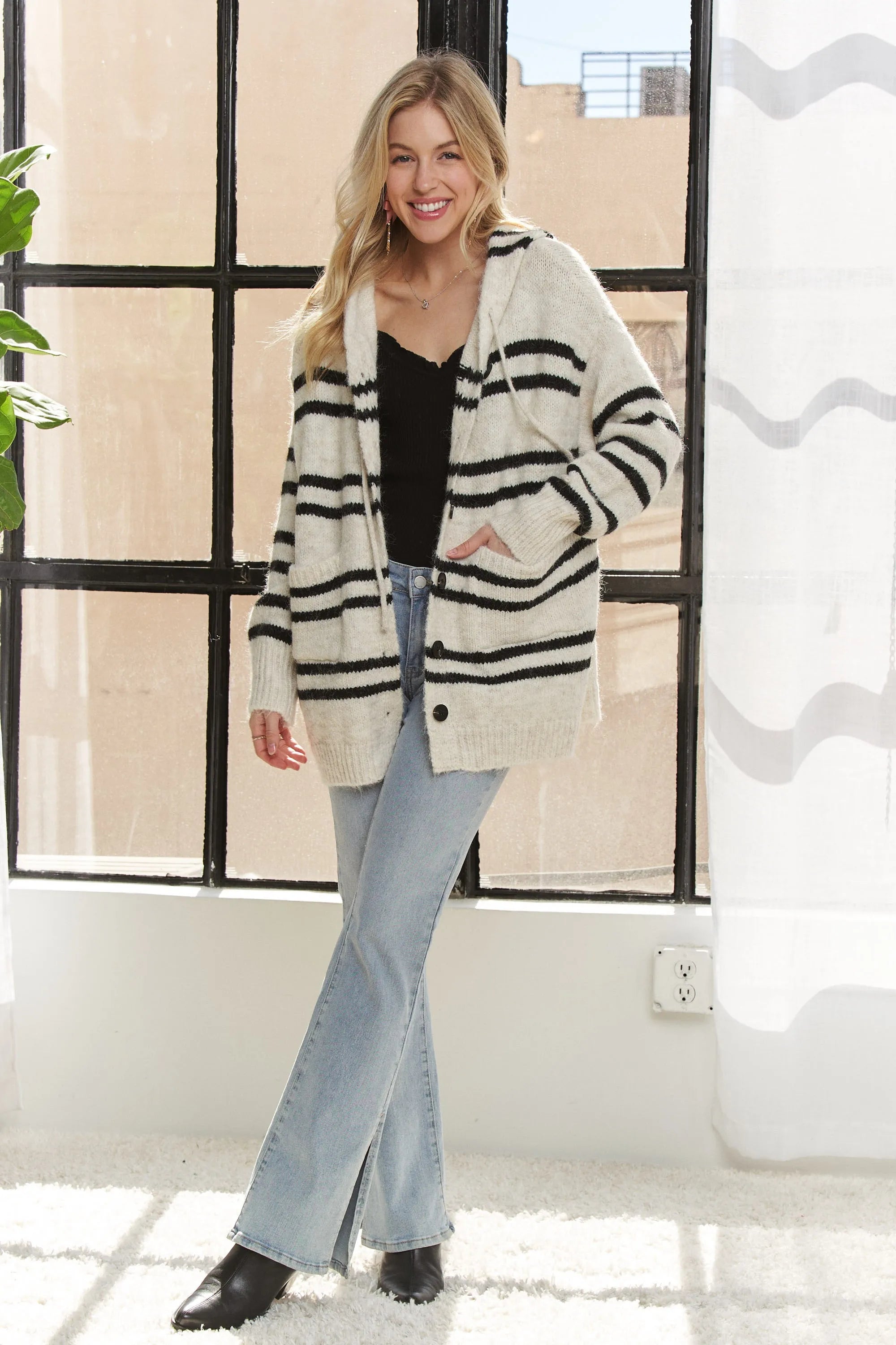 ADORA Horizontal Stripes Hoodie Cardigan | Cardigans Daverri Fashions