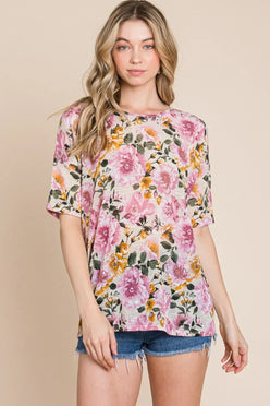 BOMBOM Floral Round Neck T-Shirt - DAVERRI FASHIONS